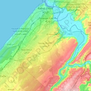 Mappa topografica Rabat, altitudine, rilievo