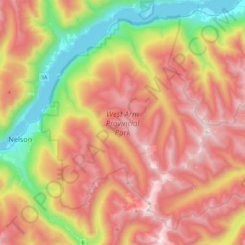 Mappa topografica West Arm Provincial Park, altitudine, rilievo