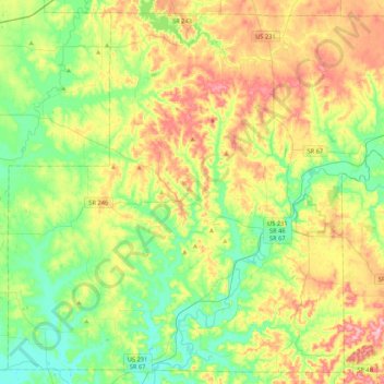 Mappa topografica Owen County, altitudine, rilievo