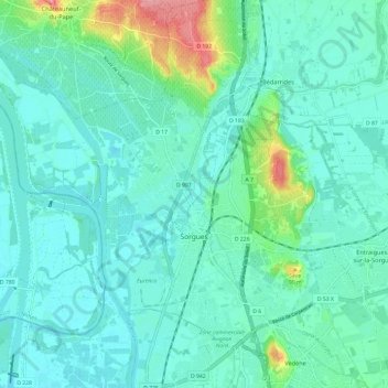 Mappa topografica Sorgues, altitudine, rilievo