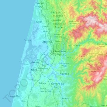 Mappa topografica Região de Aveiro, altitudine, rilievo