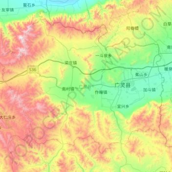 Mappa topografica 广灵县, altitudine, rilievo