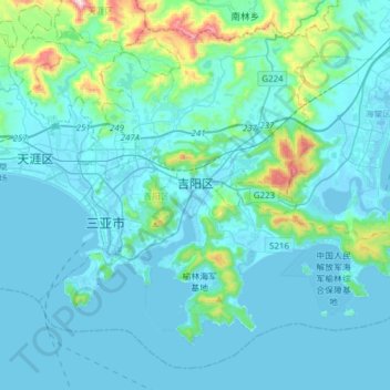 Mappa topografica 吉阳区, altitudine, rilievo