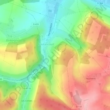 Mappa topografica Boutancourt, altitudine, rilievo