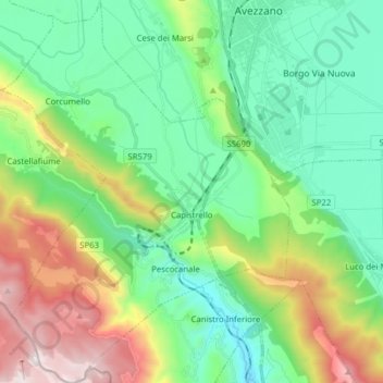 Mappa topografica Capistrello, altitudine, rilievo