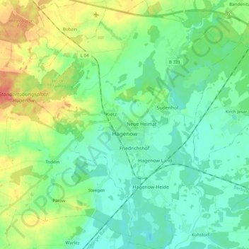 Mappa topografica Hagenow, altitudine, rilievo
