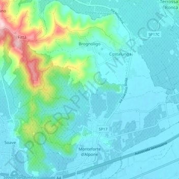 Mappa topografica Monteforte d'Alpone, altitudine, rilievo