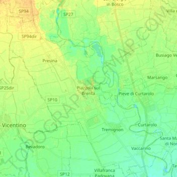 Mappa topografica Piazzola sul Brenta, altitudine, rilievo