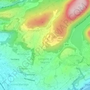 Mappa topografica Longone al Segrino, altitudine, rilievo