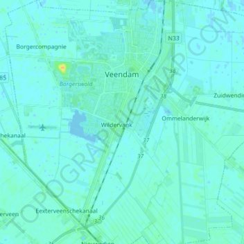 Mappa topografica Veendam, altitudine, rilievo