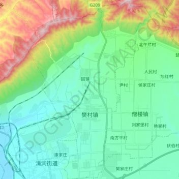 Mappa topografica 樊村镇, altitudine, rilievo