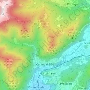 Mappa topografica Caslino d'Erba, altitudine, rilievo