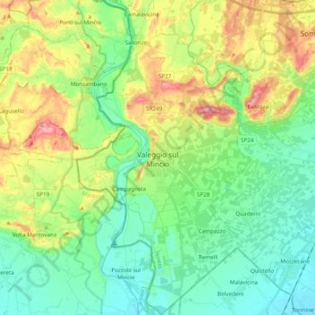 Mappa topografica Valeggio sul Mincio, altitudine, rilievo