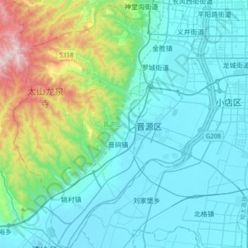 Mappa topografica 晋源区, altitudine, rilievo