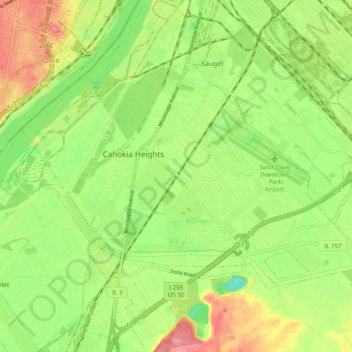 Mappa topografica Cahokia, altitudine, rilievo
