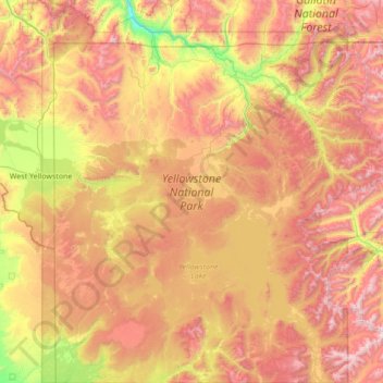 Mappa topografica Yellowstone National Park, altitudine, rilievo