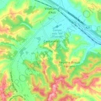 Mappa topografica Cantarana, altitudine, rilievo