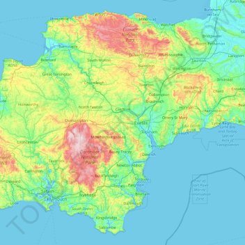 Mappa topografica Devon, altitudine, rilievo