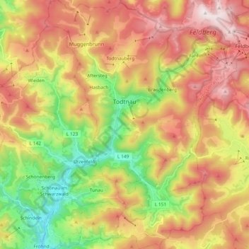 Mappa topografica Todtnau, altitudine, rilievo