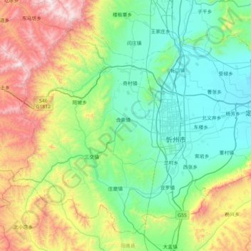Mappa topografica 忻府区, altitudine, rilievo