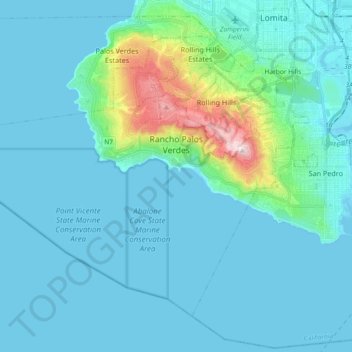 Mappa topografica Rancho Palos Verdes, altitudine, rilievo