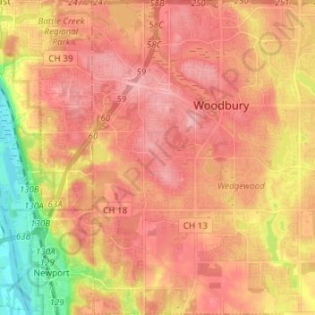 Mappa topografica Woodbury, altitudine, rilievo