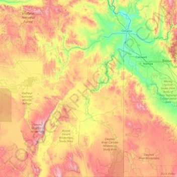 Mappa topografica Malheur County, altitudine, rilievo