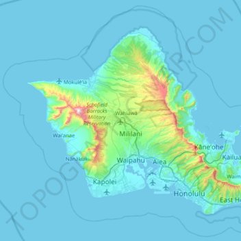 Mappa topografica Oʻahu, altitudine, rilievo