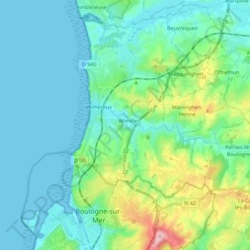 Mappa topografica Boulogne-sur-Mer-1, altitudine, rilievo