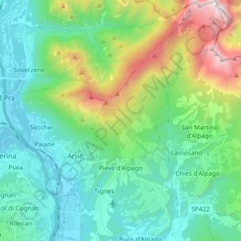 Mappa topografica Pieve d'Alpago, altitudine, rilievo
