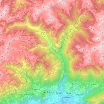 Mappa topografica Telve, altitudine, rilievo