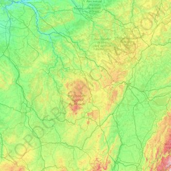 Mappa topografica Borgogna, altitudine, rilievo