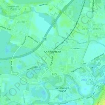 Mappa topografica Shepperton, altitudine, rilievo