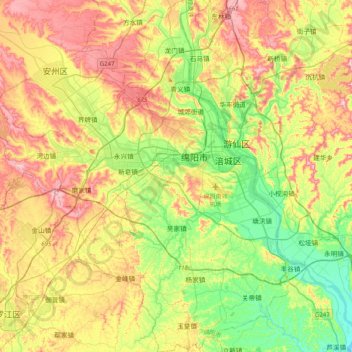Mappa topografica 涪城区, altitudine, rilievo