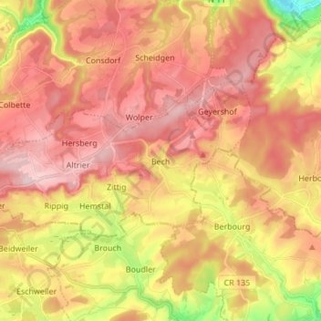 Mappa topografica Bech, altitudine, rilievo