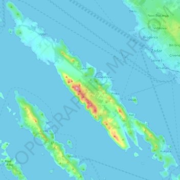 Mappa topografica Ugljan, altitudine, rilievo