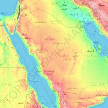 Mappa topografica Arabia Saudita, altitudine, rilievo