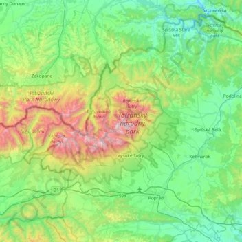 Mappa topografica Tatry, altitudine, rilievo