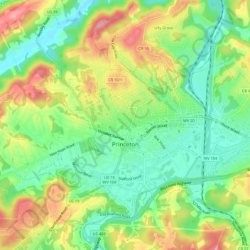 Mappa topografica Princeton, altitudine, rilievo