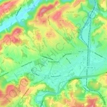 Mappa topografica Princeton, altitudine, rilievo
