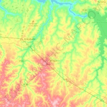 Mappa topografica Birigui, altitudine, rilievo