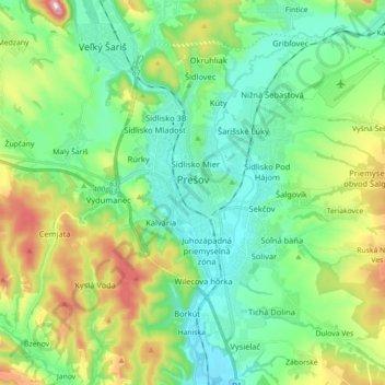 Mappa topografica Prešov, altitudine, rilievo