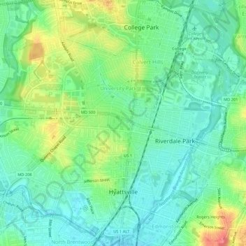 Mappa topografica Hyattsville, altitudine, rilievo