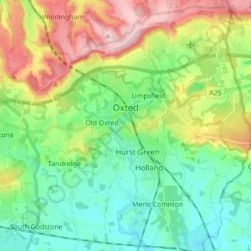 Mappa topografica Oxted, altitudine, rilievo