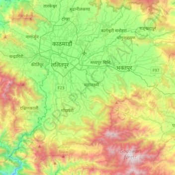 Mappa topografica Kathmandu Valley, altitudine, rilievo