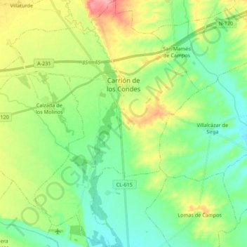 Mappa topografica Carrión de los Condes, altitudine, rilievo