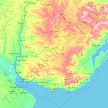 Mappa topografica Uruguay, altitudine, rilievo