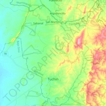 Mappa topografica Tuchín, altitudine, rilievo