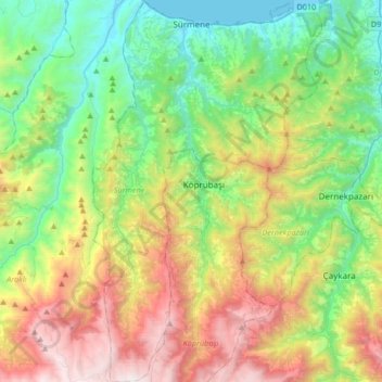 Mappa topografica Sürmene, altitudine, rilievo