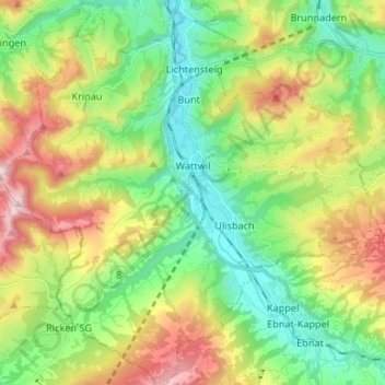 Mappa topografica Wattwil, altitudine, rilievo